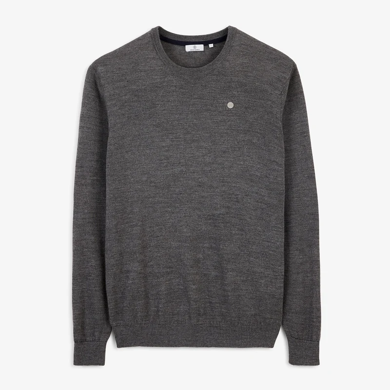 Pull col rond mérinos en laine mélangée gris clair chiné Mao Essentiel
