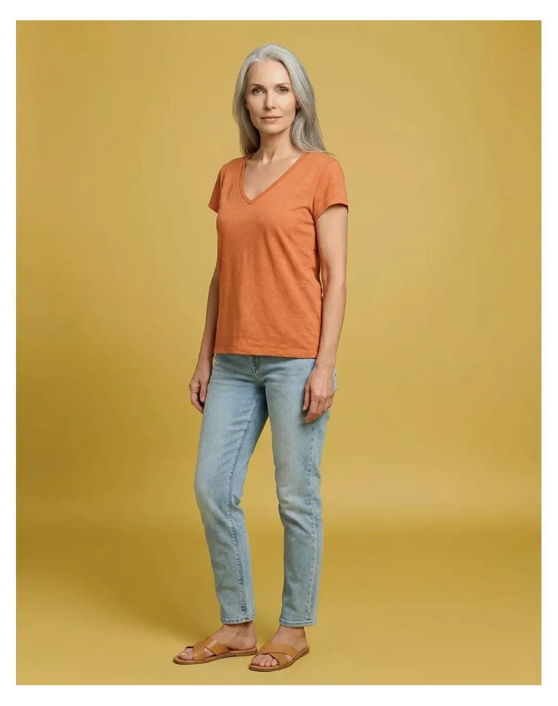 T-shirt en lin Col V orange mandarine