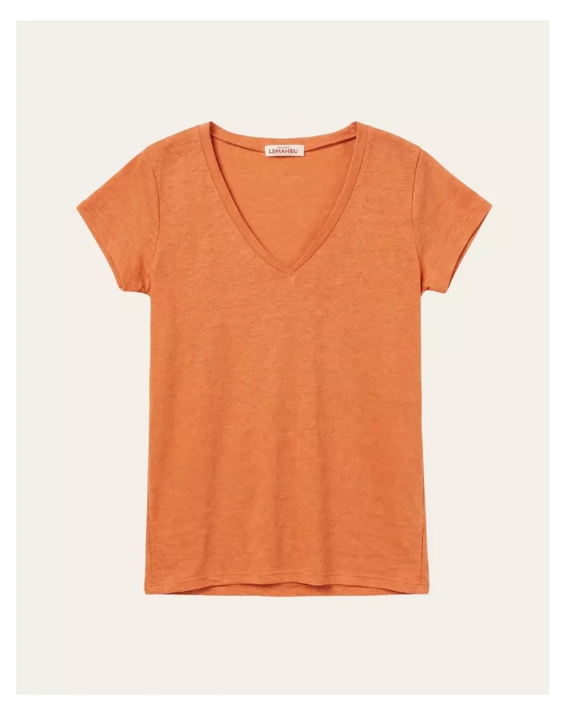 T-shirt en lin Col V orange mandarine