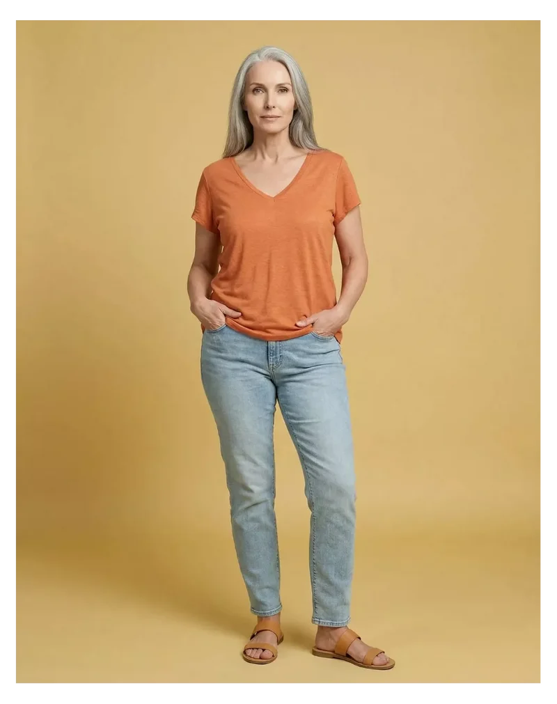 T-shirt en lin Col V orange mandarine