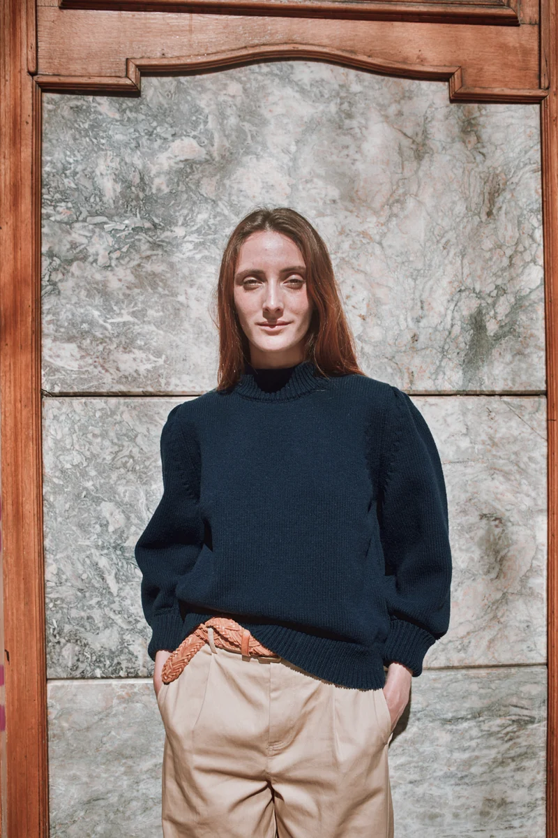 NATHALIE Puff Sleeve Sweater in Merino Wool - Navy