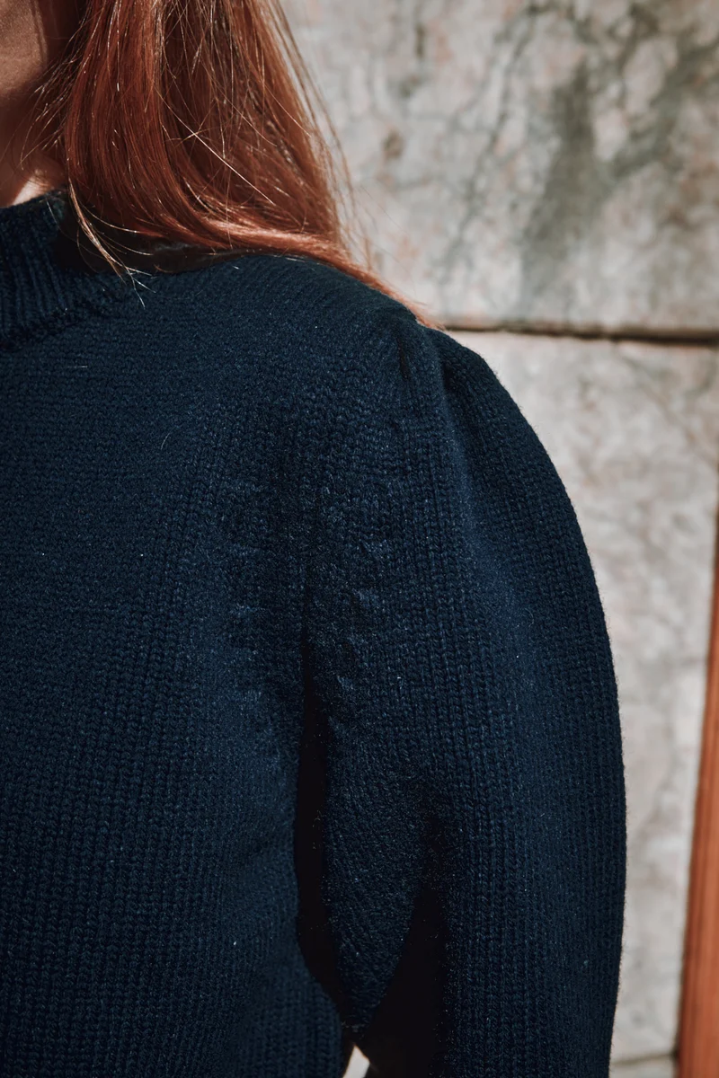 NATHALIE Puff Sleeve Sweater in Merino Wool - Navy