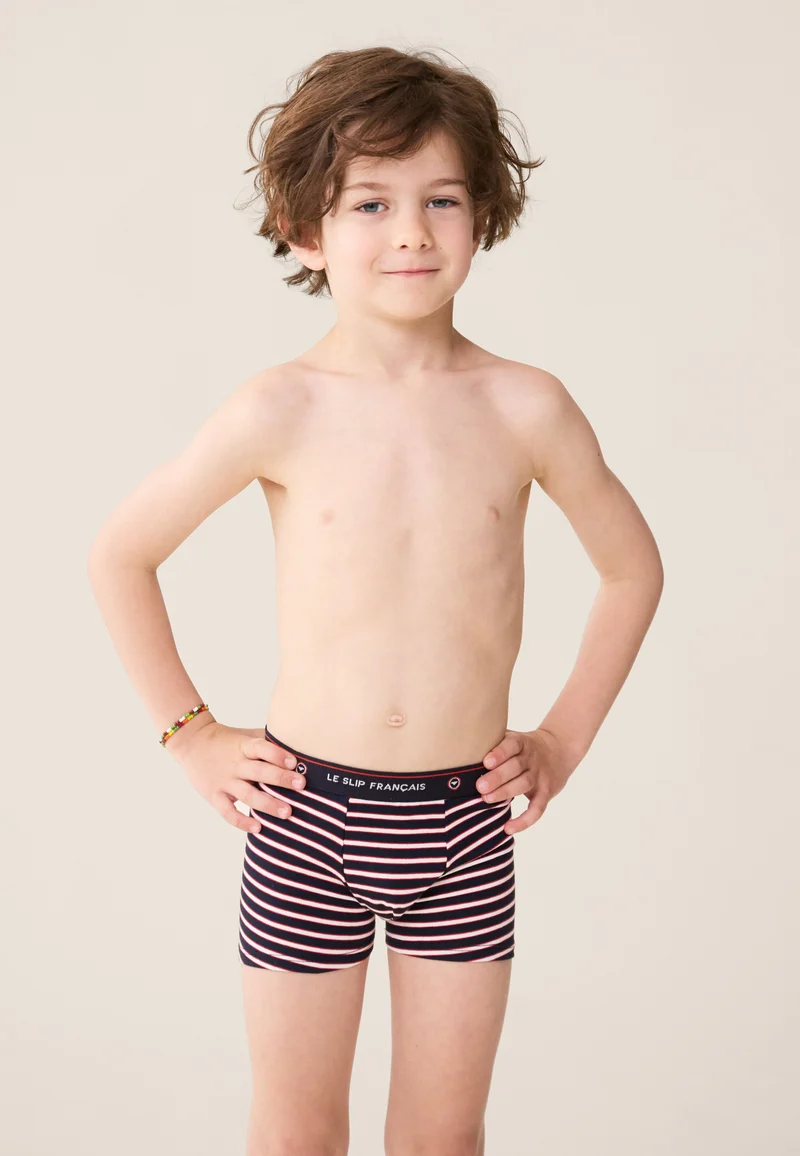 Lot de 5 boxers enfant en coton - Boxers Marine Rayure Tricolore Rouge Cerise Marinière Blanc