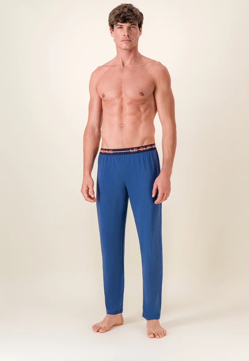 Ensemble pyjama haut et pantalon bleu en coton - Pyjama Haut Manches Longues Superbe Et Bas De Pyjama Long Indomptable Acier