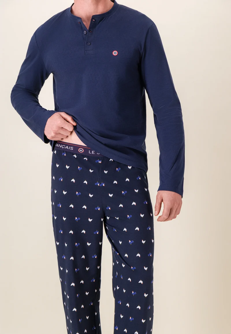 Ensemble pyjama haut et pantalon à motif coq marine en coton - Pyjama Haut Manches Longues Et Bas De Pyjama Long Tont Coq