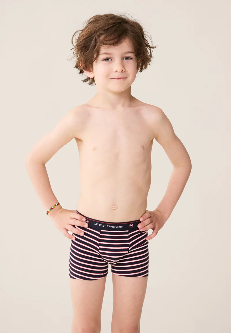 Lot de 5 boxers enfant en coton - Boxers Marine Rouge Cerise Rayures Blanc