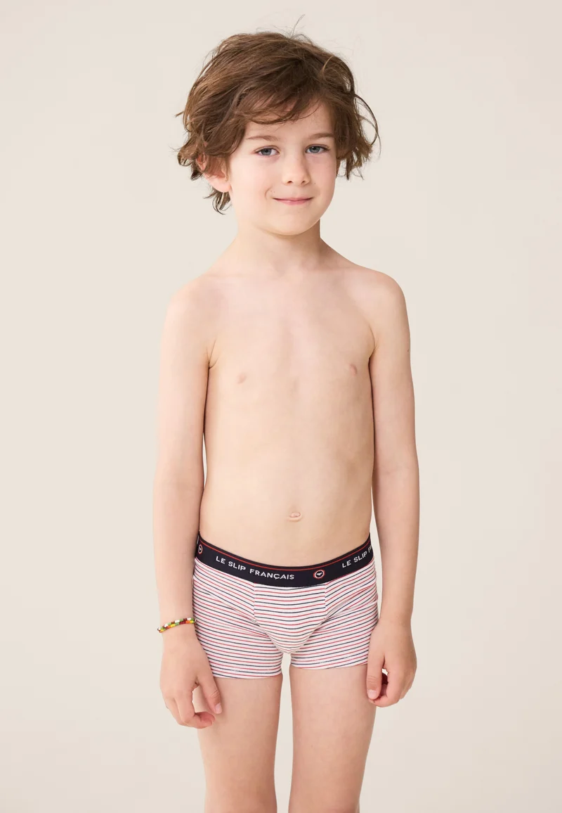 Lot de 5 boxers enfant en coton - Boxers Marine Rouge Cerise Rayures Blanc