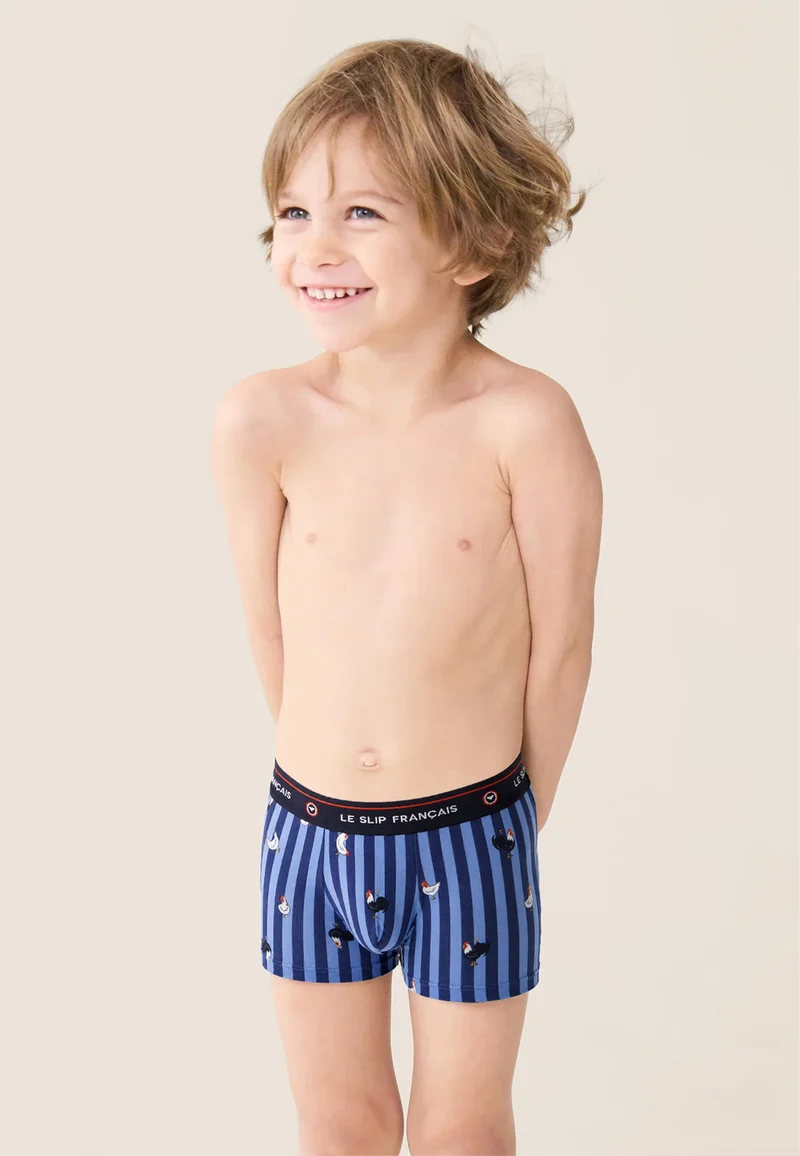 Lot de 3 boxers enfant en coton - Boxers Marine Rayures Coq Acier Bleu Ciel Chiné