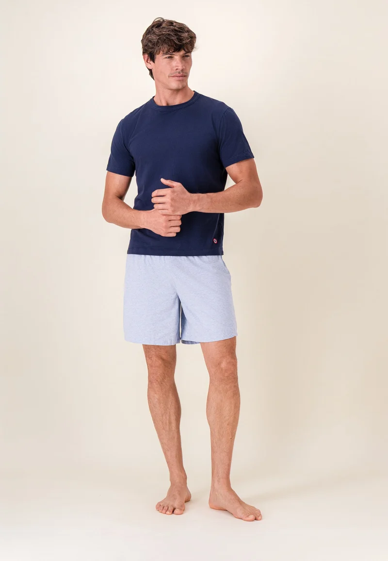 Ensemble pyjama haut et short en coton - Pyjama Haut Manches Courtes Formidable Marine Et Bas De Pyjama Court Invincible Bleu Ciel Chiné