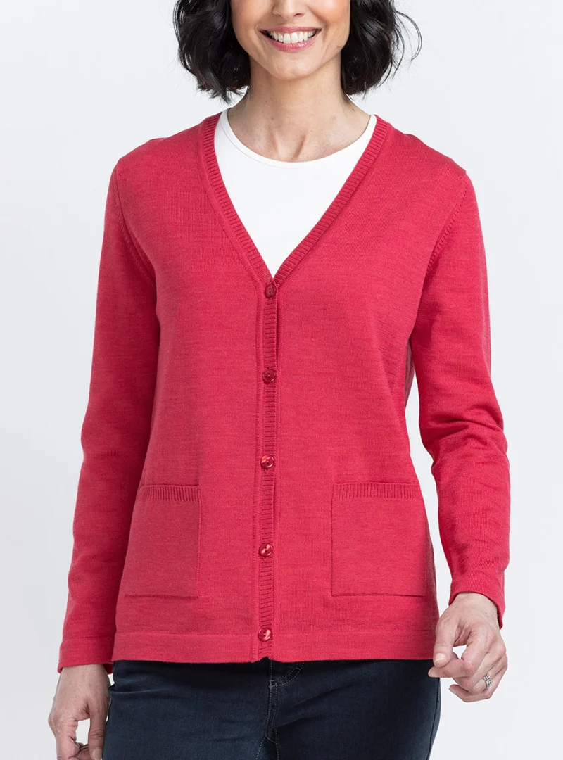 Cardigan femme laine mérinos rouge fraise