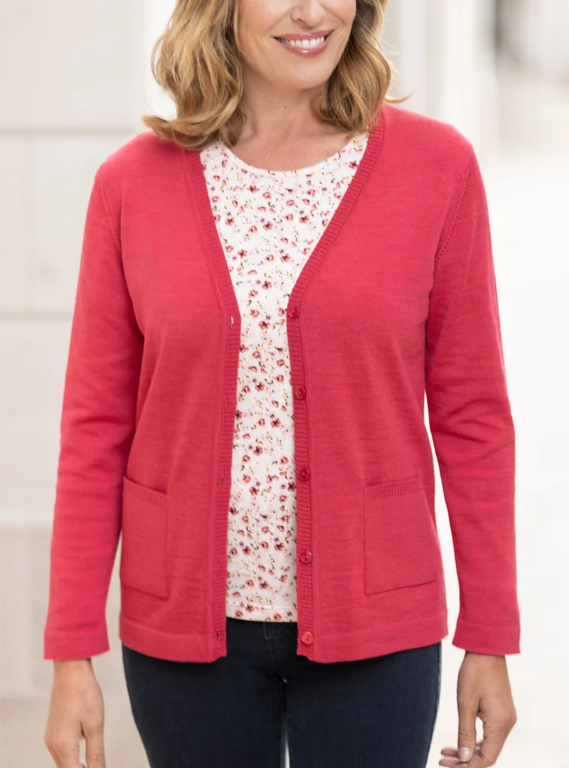 Cardigan femme laine mérinos rouge fraise