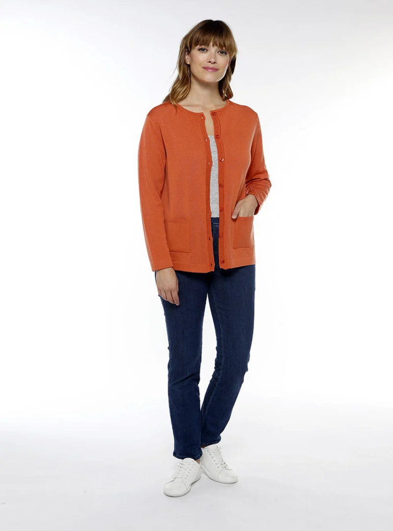 Cardigan femme laine mérinos orange tendre