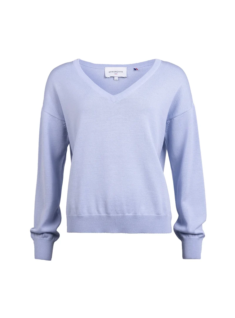 Pull femme col V Aglaé en laine merinos bleu ciel léger
