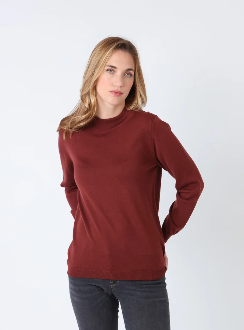 Pull femme col cheminée en laine mérinos Rouge Terre de Sienne