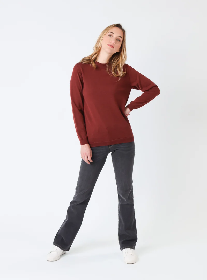 Pull femme col cheminée en laine mérinos Rouge Terre de Sienne