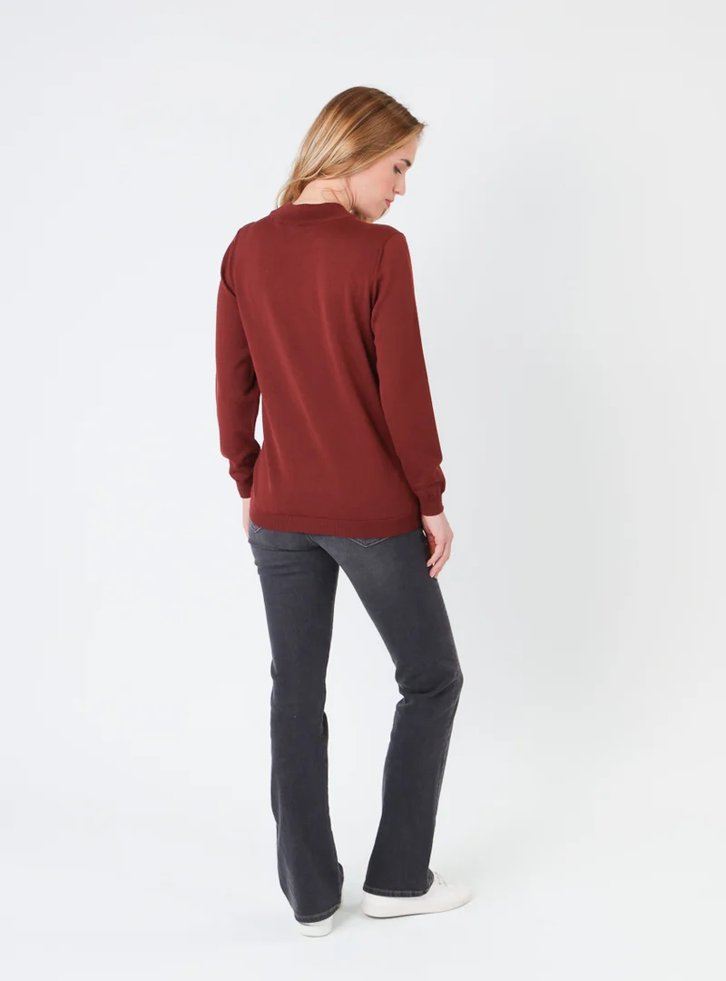 Pull femme col cheminée en laine mérinos Rouge Terre de Sienne