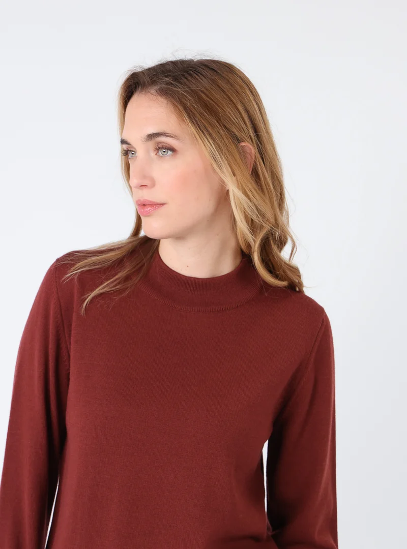 Pull femme col cheminée en laine mérinos Rouge Terre de Sienne