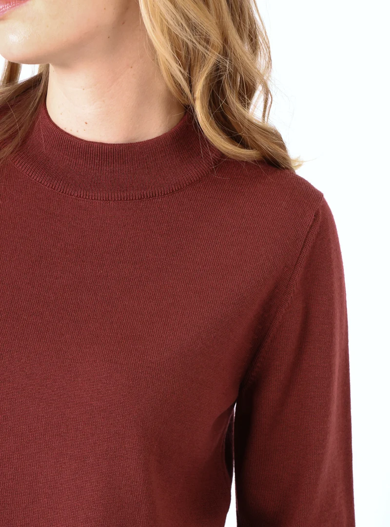 Pull femme col cheminée en laine mérinos Rouge Terre de Sienne