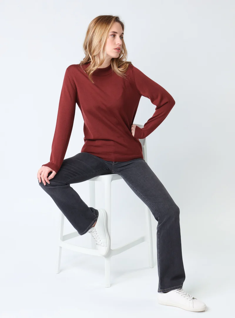 Pull femme col cheminée en laine mérinos Rouge Terre de Sienne