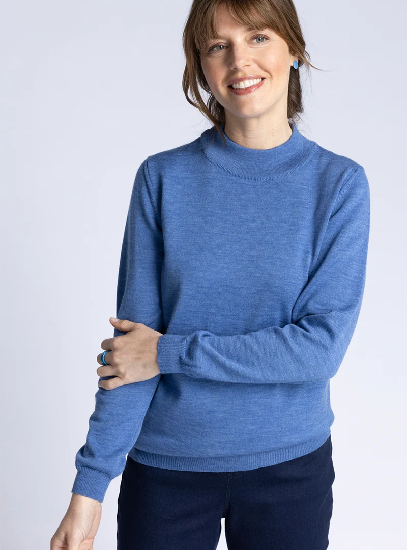Pull femme col cheminée en laine mérinos Bleu élégant