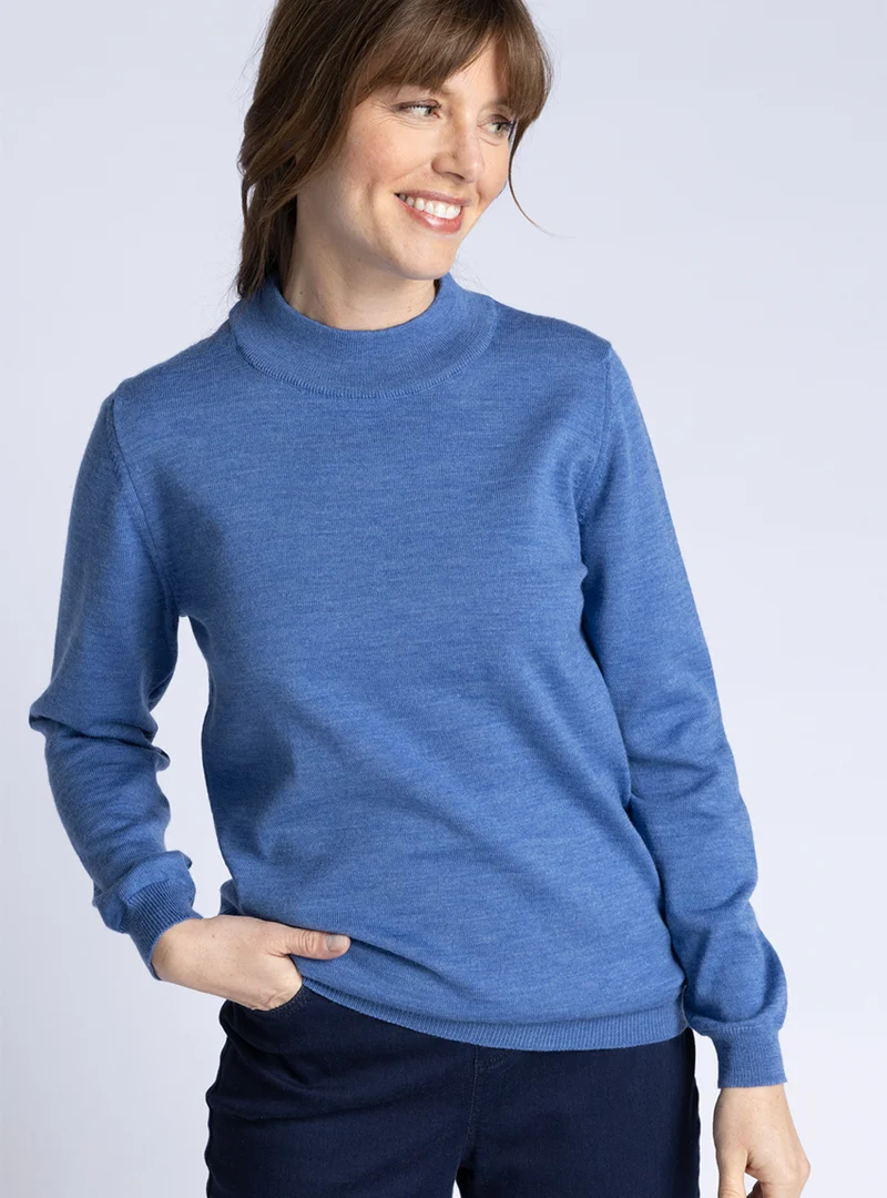 Pull femme col cheminée en laine mérinos Bleu élégant
