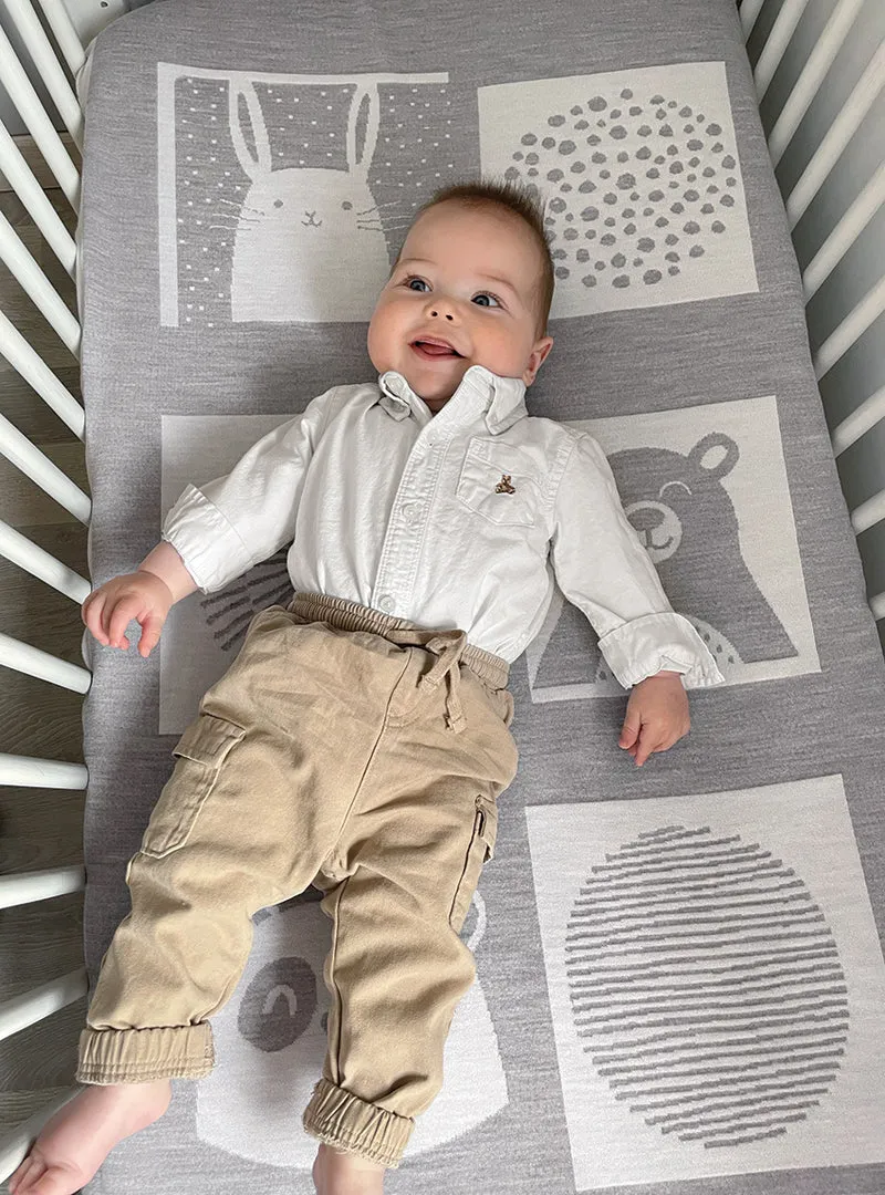 Plaid bébé laine mérinos motif animaux gris métal