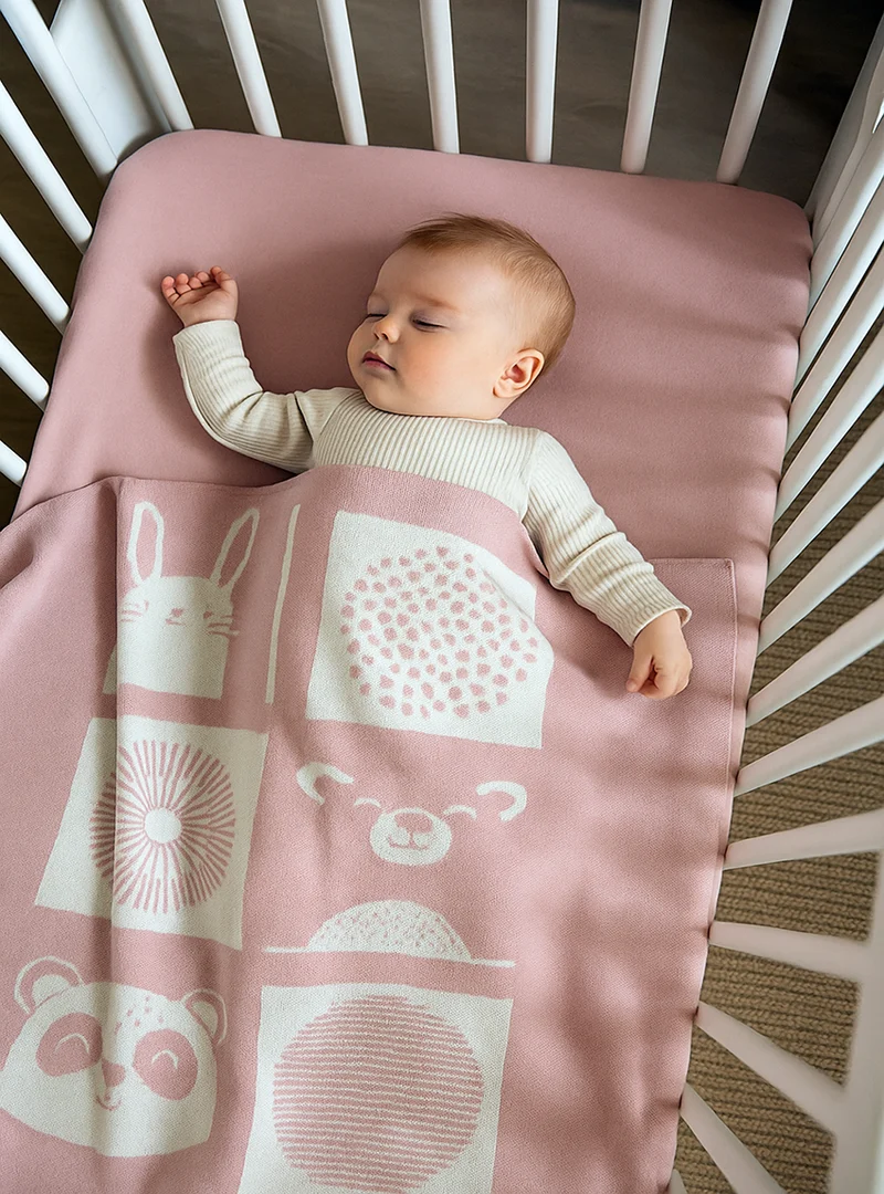 Plaid bébé laine mérinos motif animaux rose poudre
