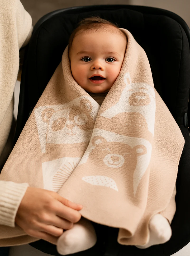 Couverture bébé laine mérinos motif animaux beige pastel
