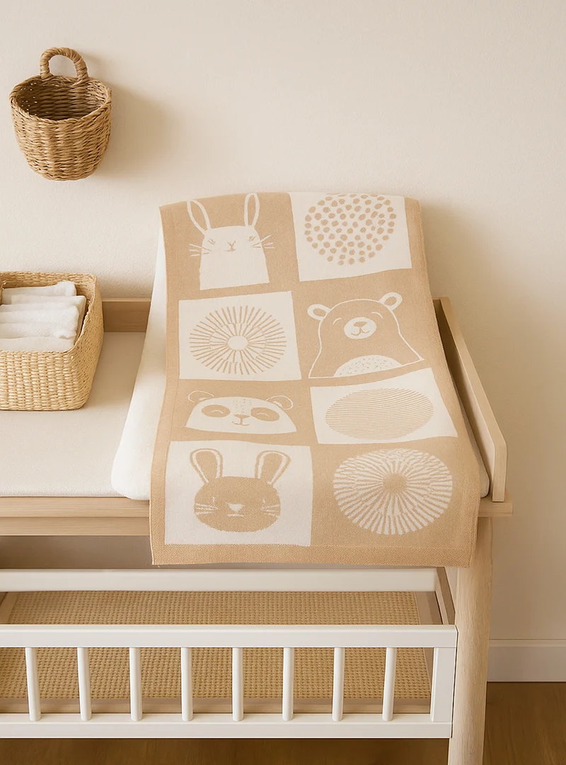 Couverture bébé laine mérinos motif animaux beige pastel