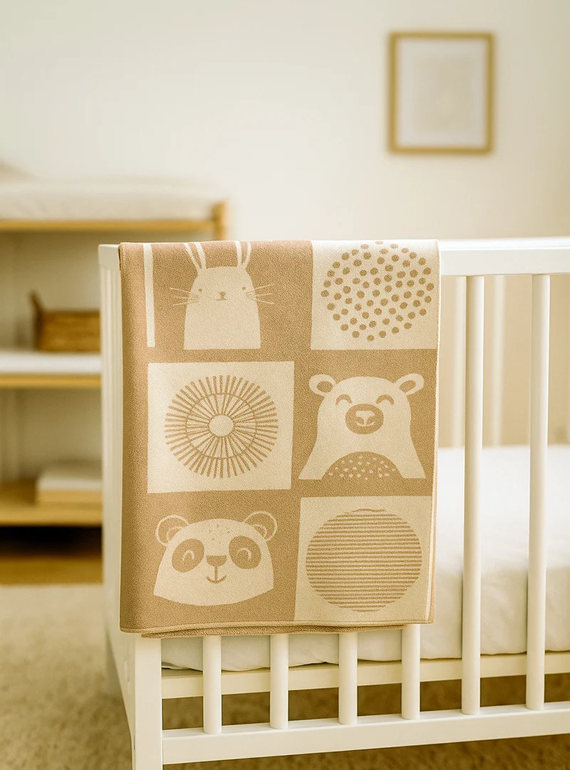 Couverture bébé laine mérinos motif animaux beige pastel