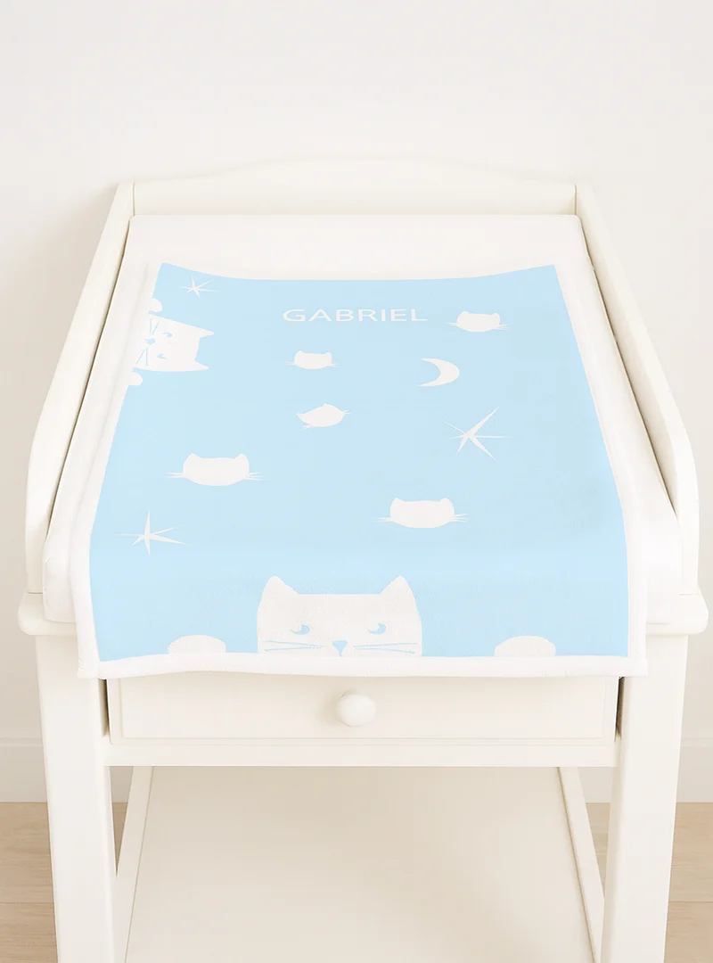 Plaid bébé motif chats en laine bleu