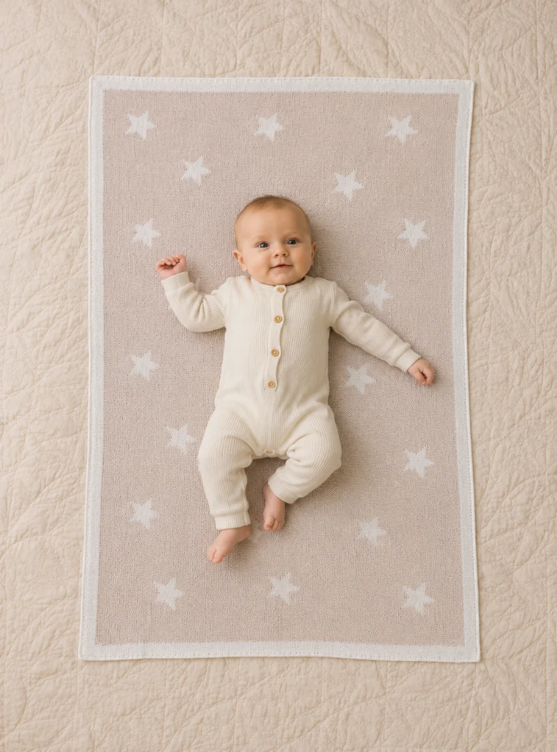 Plaid bébé étoiles 100% laine beige pastel