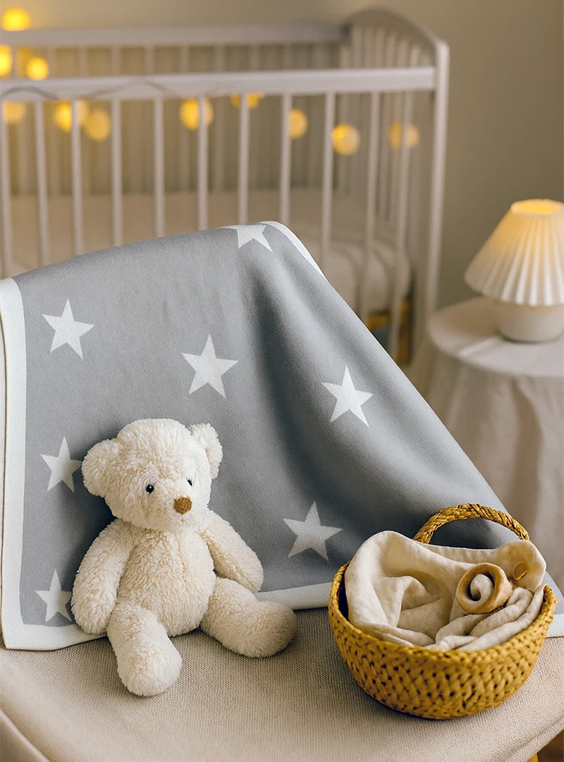 Plaid bébé étoiles 100% laine gris métal