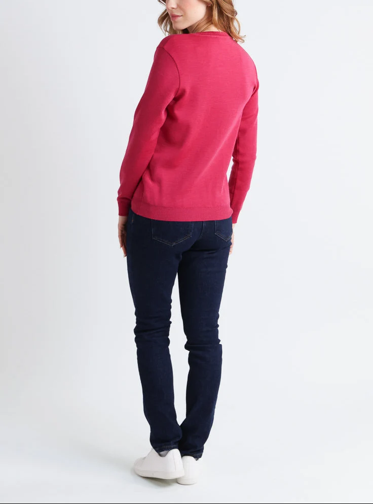 Pull femme en laine mérinos col rond Rose Géranium