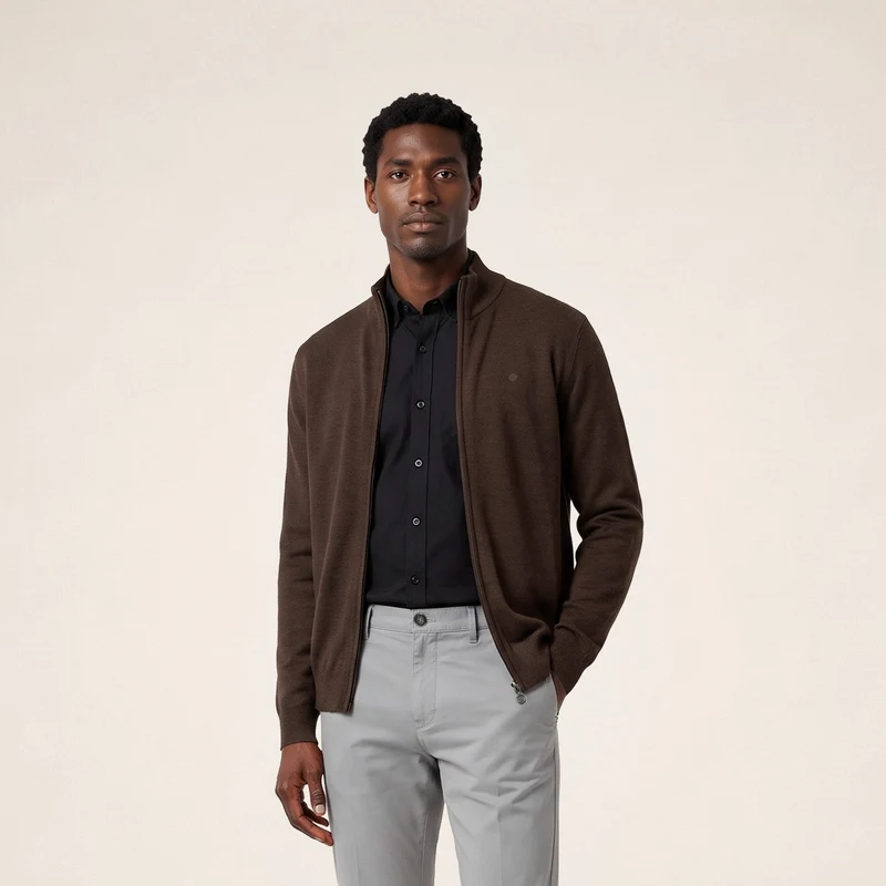 Gilet laine mérinos full zip marron Malone