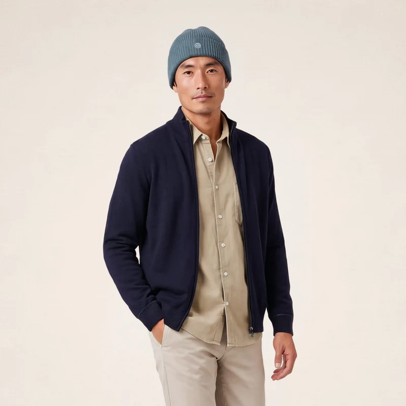 Gilet laine mérinos full zip bleu marine foncé Malone