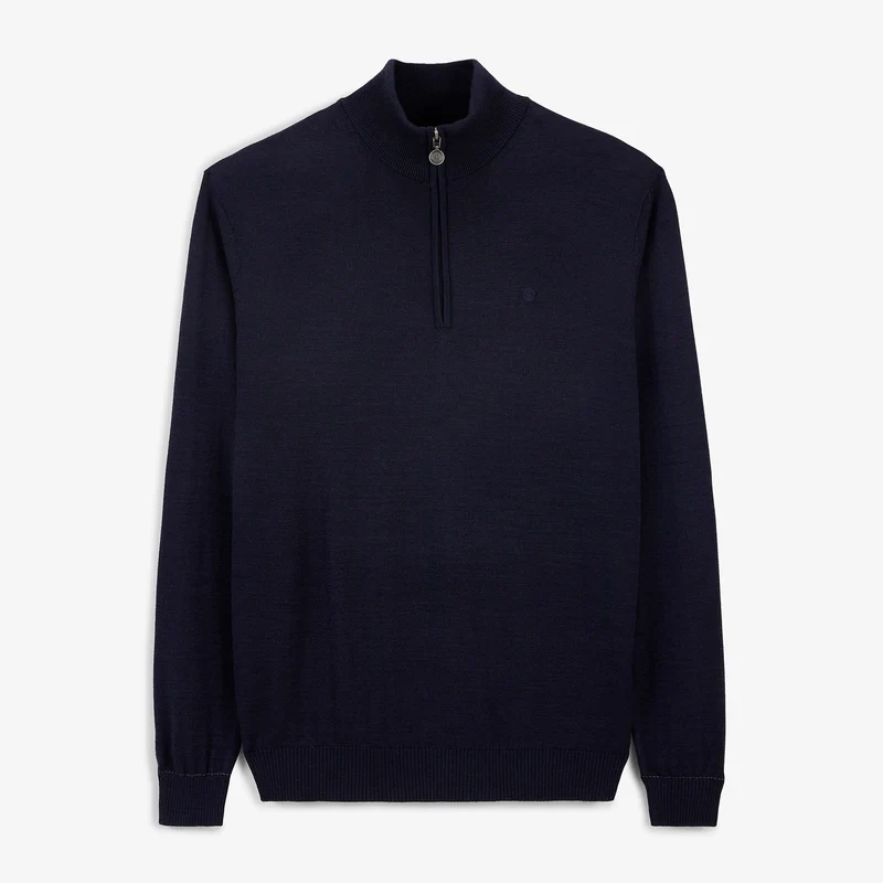 Pull col zippé laine mérinos mélangée bleu marine foncé Marvine