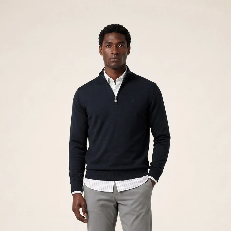Pull col zippé laine mérinos mélangée bleu marine foncé Marvine
