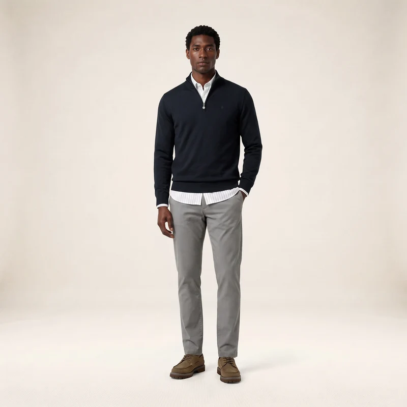 Pull col zippé laine mérinos mélangée bleu marine foncé Marvine