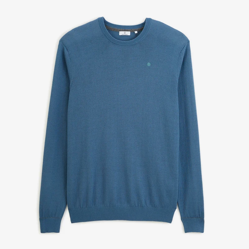 Pull col rond mérinos en laine mélangée bleu lupin Mao Essentiel