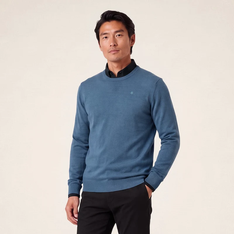 Pull col rond mérinos en laine mélangée bleu lupin Mao Essentiel