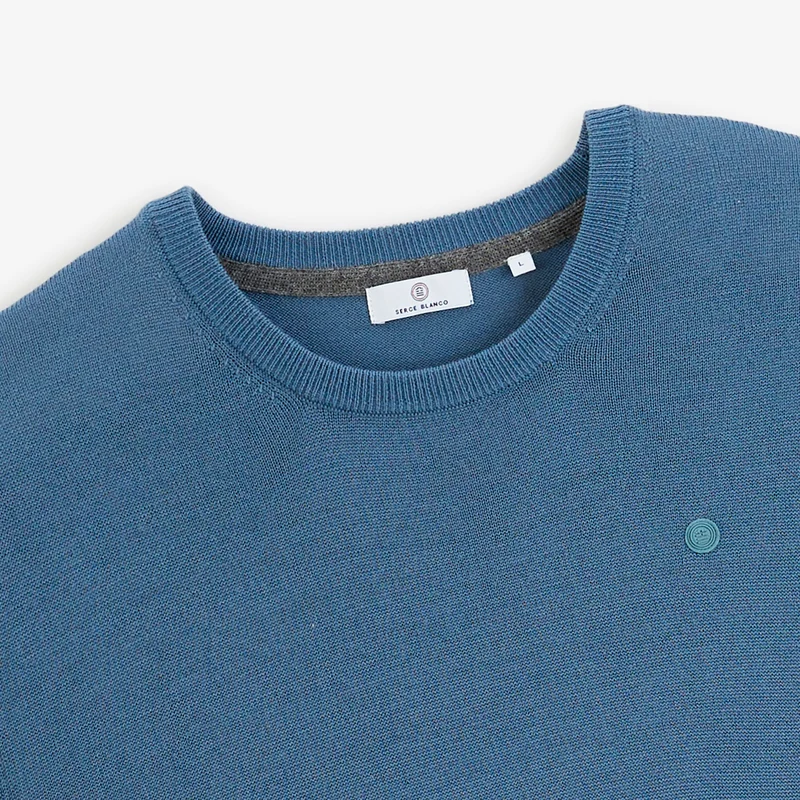 Pull col rond mérinos en laine mélangée bleu lupin Mao Essentiel