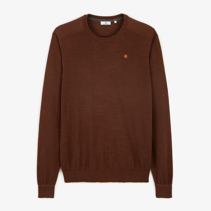 Pull col rond mérinos en laine mélangée marron brownie Mao Essentiel
