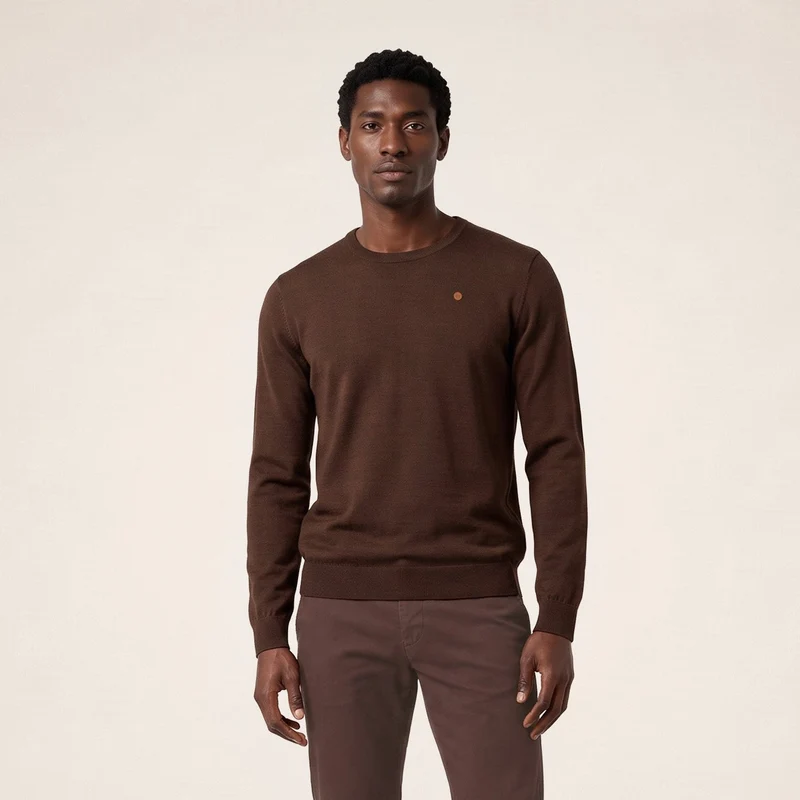 Pull col rond mérinos en laine mélangée marron brownie Mao Essentiel