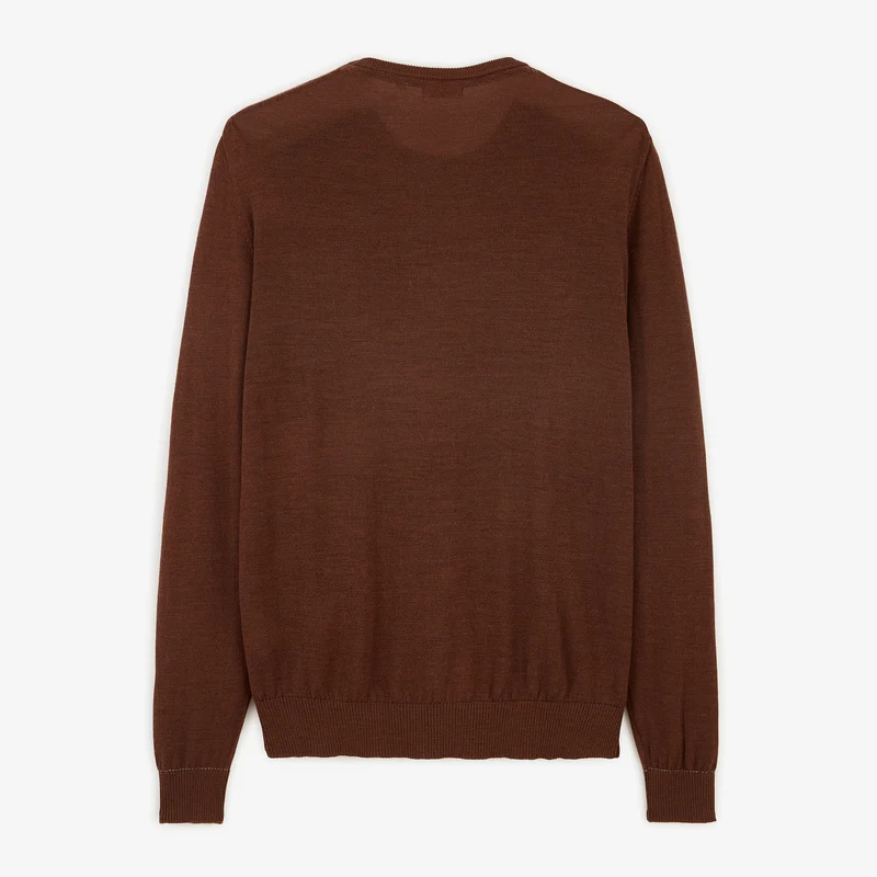 Pull col rond mérinos en laine mélangée marron brownie Mao Essentiel
