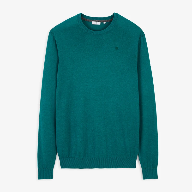 Pull col rond mérinos en laine mélangée vert Mao Essentiel