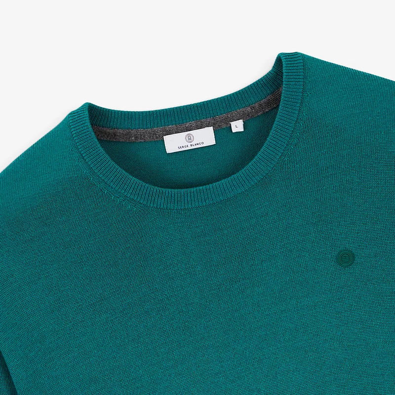 Pull col rond mérinos en laine mélangée vert Mao Essentiel