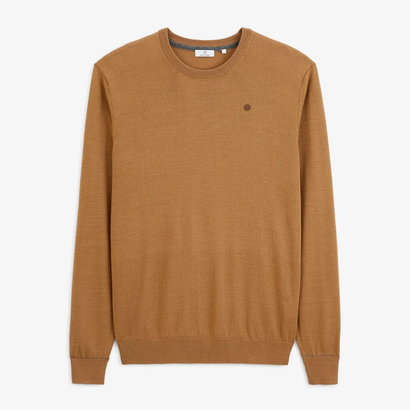 Pull col rond mérinos en laine mélangée marron noyer Mao Essentiel