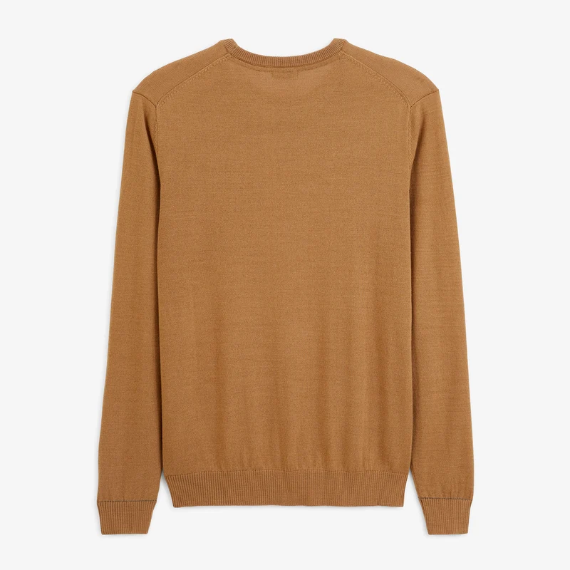 Pull col rond mérinos en laine mélangée marron noyer Mao Essentiel