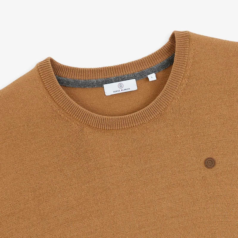 Pull col rond mérinos en laine mélangée marron noyer Mao Essentiel